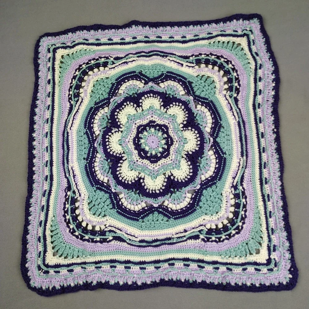 Vintage Handmade Crochet Baby Blanket Purple Blue 3-D Floral Design 32